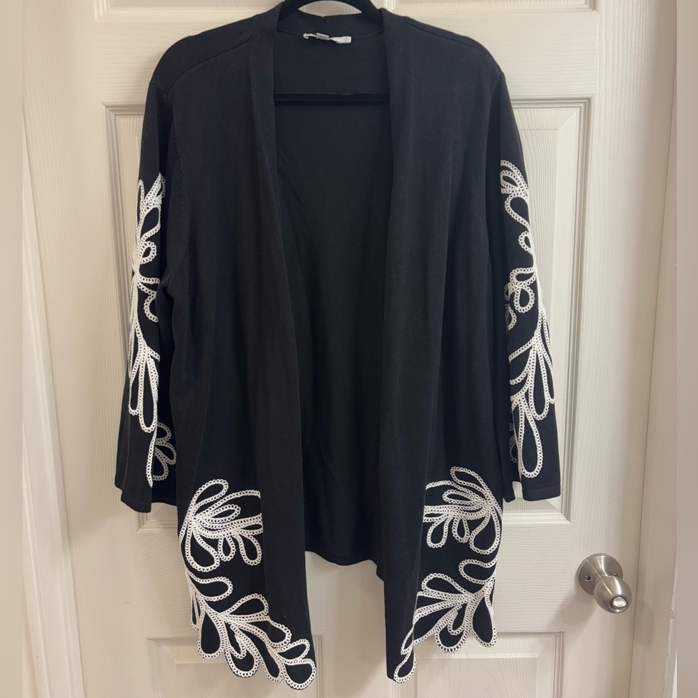 Chico’s Black Cardigan with White Embroidered Floral Designs Size 3 (US XL)